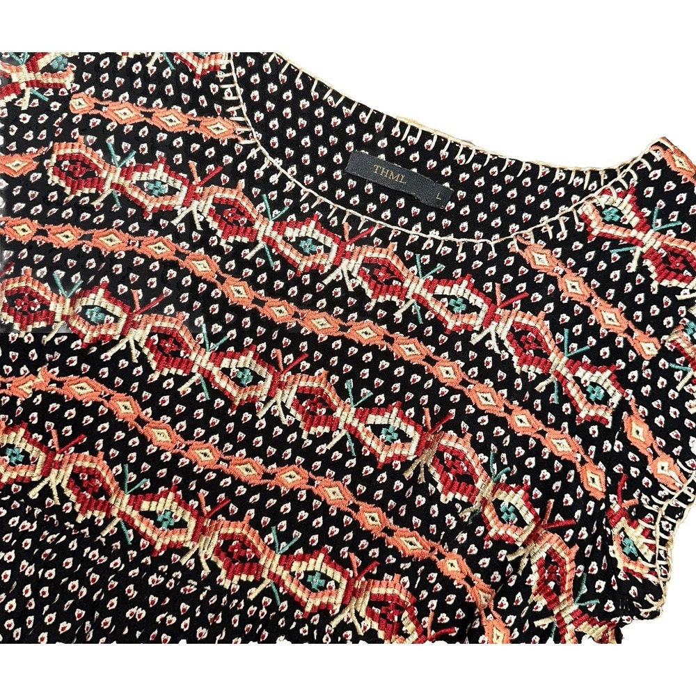 THML Anthropologie Black Embroidered Aztec Boho Tunic Dress Sleeveless Women's L